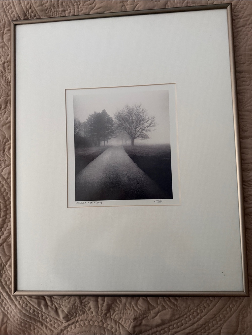 Signed Carriage Road Framed Black and White Pathway Print in Silver Frame